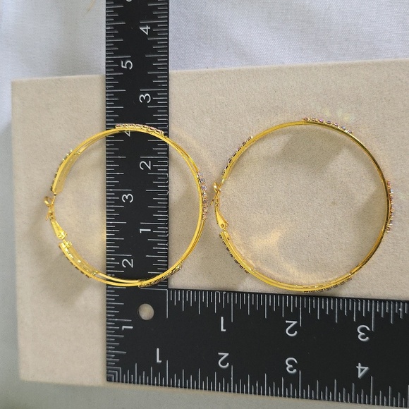 Large Gold Hoop Earrings with AB Rhinestones - Picture 10 of 10